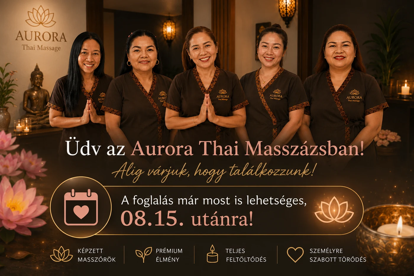 Üdv az Aurora Thai Masszázsban! A foglalás már most is lehetséges, augusztus 15. utánra.